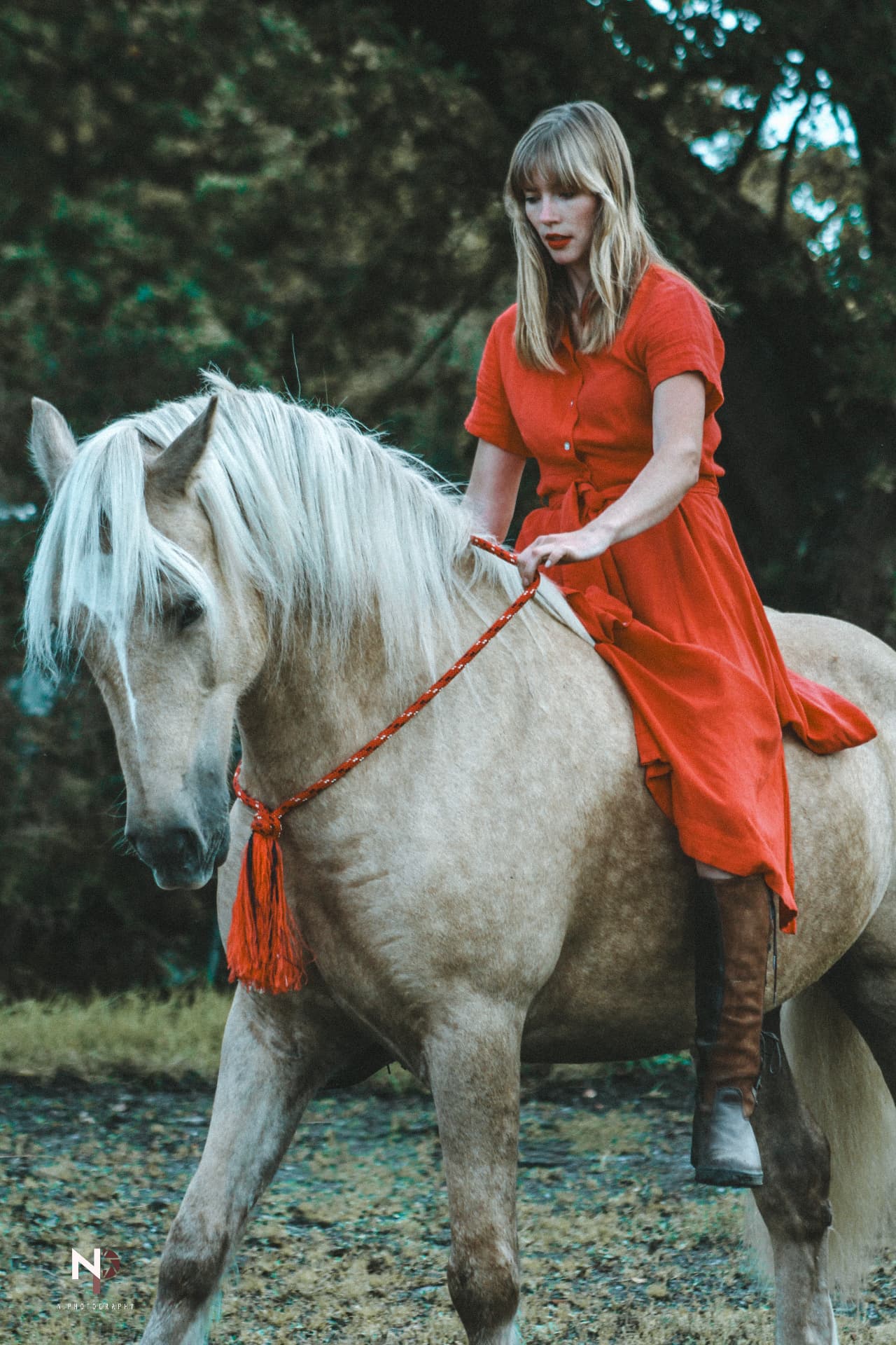 Woman in a flowing red dress riding a pale horse through a wooded clearing