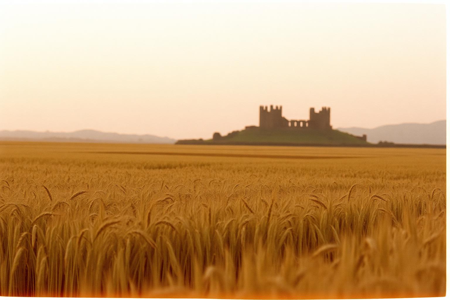 Golden barley field with distant castle ruins