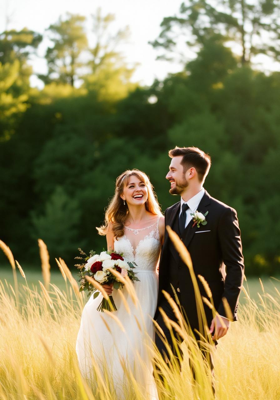 Bride and groom walking through long grass, laughing